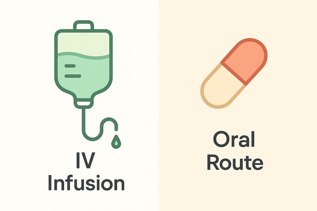 An illustration comparing an IV infusion and an oral pill. On the left is an IV bag with fluid, labeled 'IV Infusion'. On the right is an orange and cream colored pill, labeled 'Oral Route'.