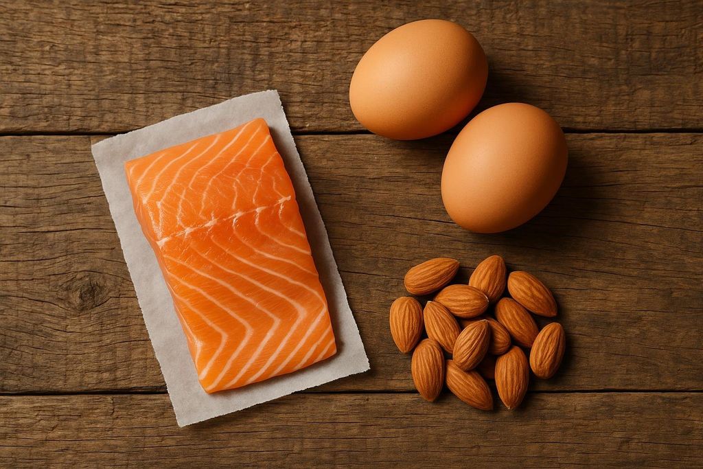 A flat lay of a raw salmon fillet on parchment paper, two brown eggs, and a pile of almonds, all arranged on a rustic wooden surface.