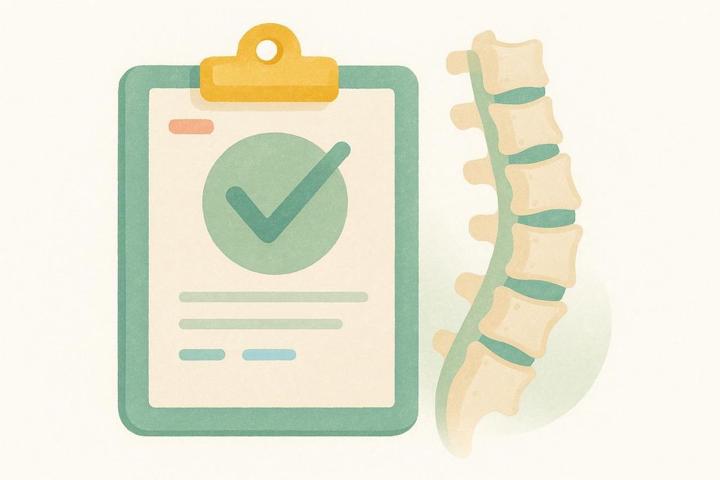 An illustration showing a clipboard with a green checkmark and lines representing text, next to a stylized diagram of a human spine.
