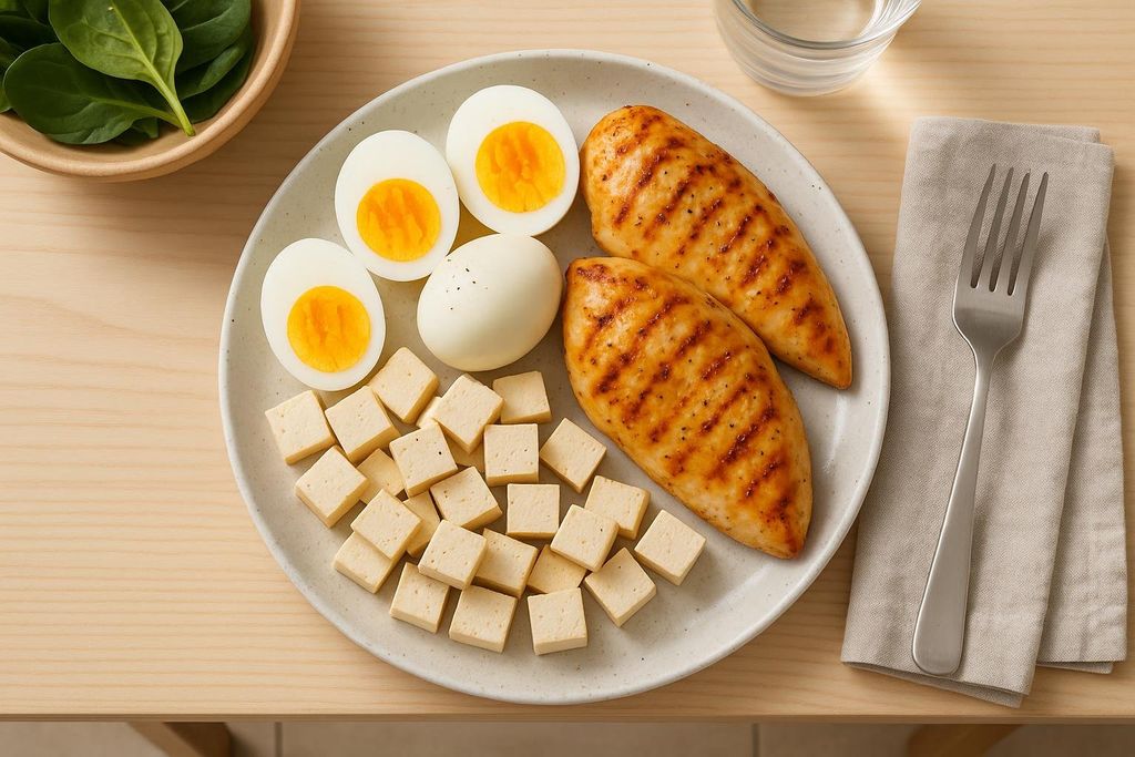 A white plate on a wooden table with two grilled chicken breasts, two and a half hard-boiled eggs, and cubes of tofu. A small bowl of spinach and a glass of water are also visible in the background.