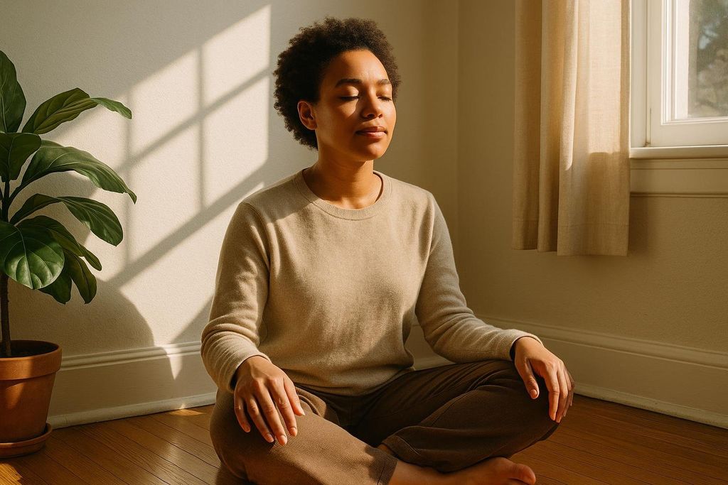 An individual with closed eyes, sitting cross-legged on a wooden floor, bathed in warm sunlight, with a houseplant to their left. They appear to be meditating or practicing mindfulness in a peaceful indoor setting.