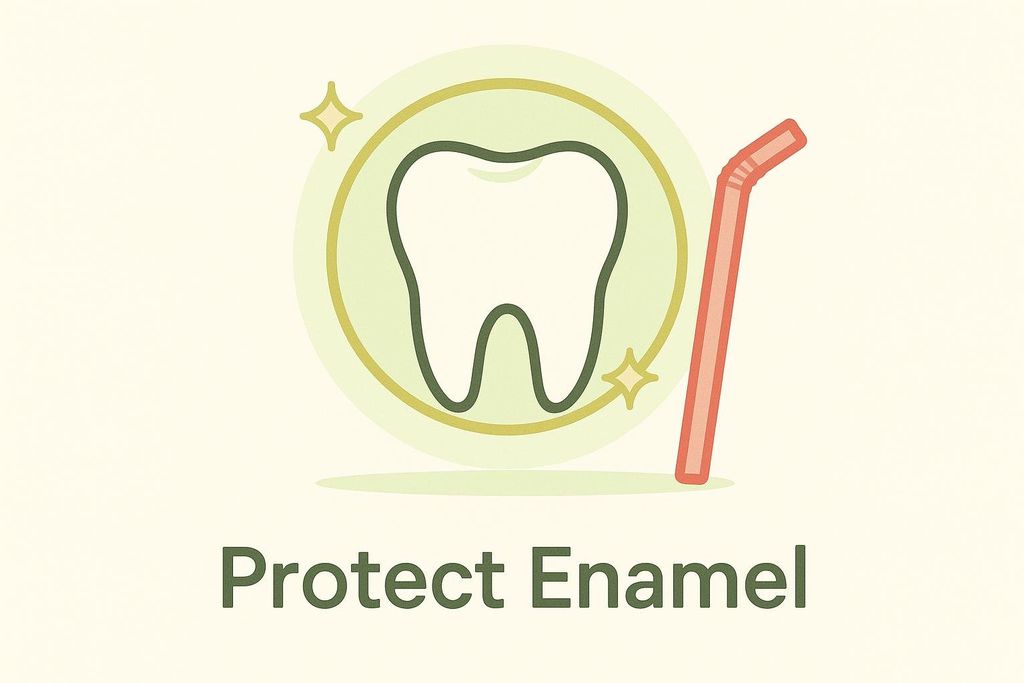 An illustration showing a healthy, shiny tooth surrounded by a protective shield, next to a red drinking straw. Below the image, the text reads 'Protect Enamel'.