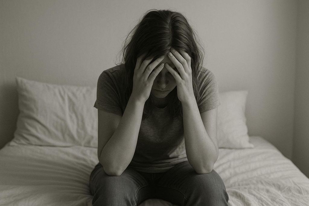 A woman holding her head in her hands, sitting on a bed. Her expression suggests distress, possibly due to a headache or emotional upset.