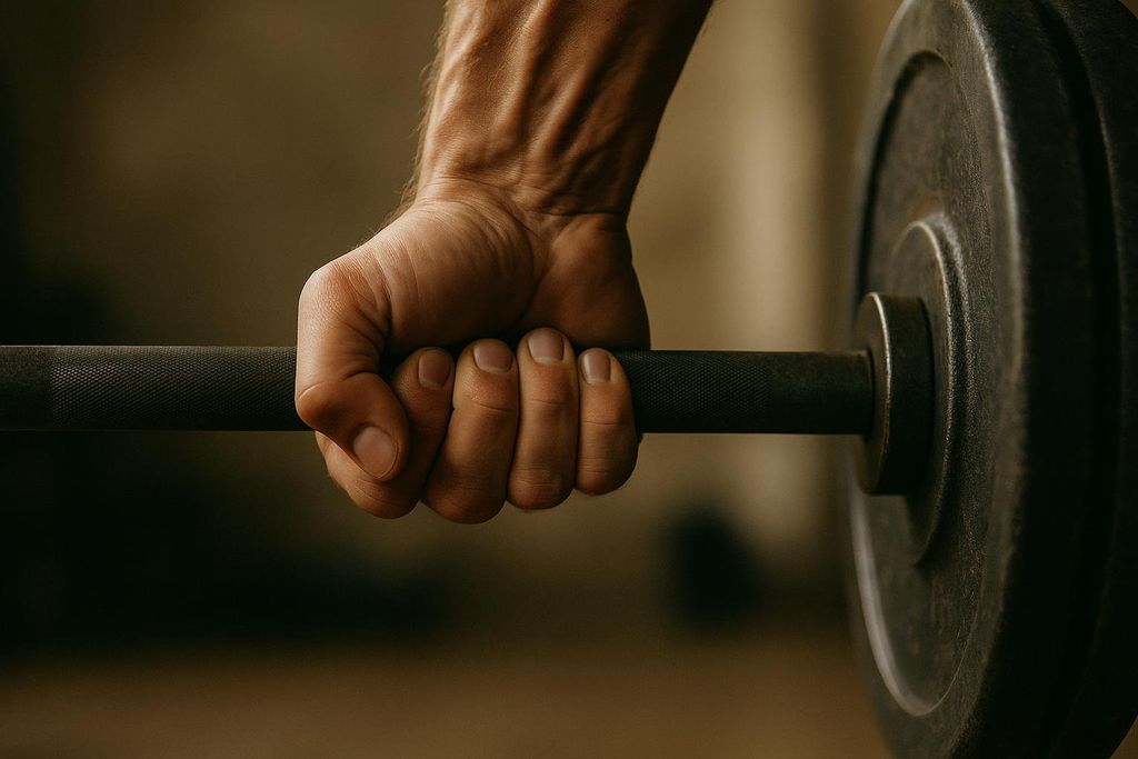 A close-up of a hand with visible veins gripping a textured barbell, with a weighted plate partially visible on the right.