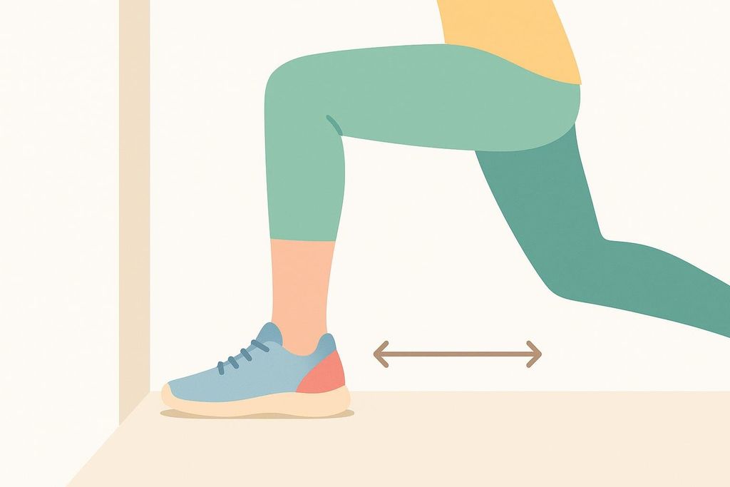 An illustration showing the weight-bearing lunge test. A person in yellow and green sportswear is in a lunge position, with their front foot flat against a wall. A double-headed arrow indicates the horizontal distance from the front foot to the back foot, representing the measurement for the lunge test.
