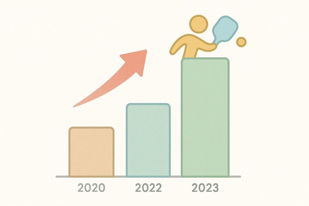 A stylized bar chart illustrating the rapid growth of pickleball players from 2020 to 2023. The bars for 2020, 2022, and 2023 progressively increase in height, with an orange arrow indicating an upward trend, and a stylized figure holding a pickleball paddle and ball atop the tallest bar for 2023.