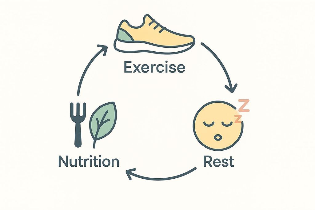 A lifestyle cycle diagram featuring a yellow running shoe for 'Exercise', a fork and green leaf for 'Nutrition', and a sleeping face for 'Rest'. Arrows connect them in a continuous loop.
