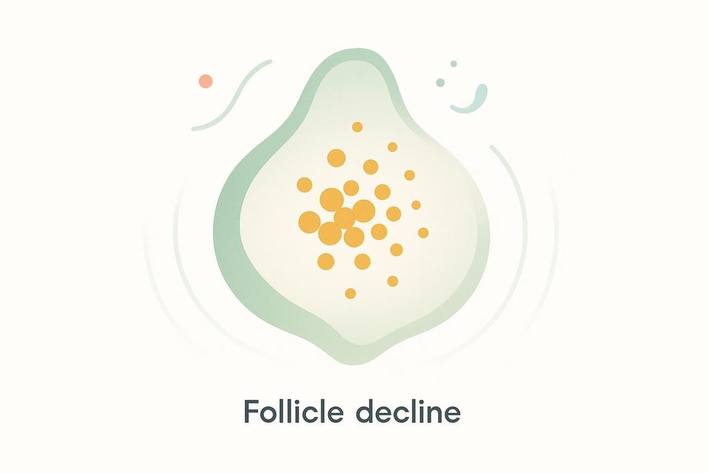 An abstract, stylized illustration depicts a light green, teardrop-shaped ovarian follicle containing multiple scattered orange spheres, representing the decline or reduction of follicles. The text 'Follicle decline' is centered below the illustration.