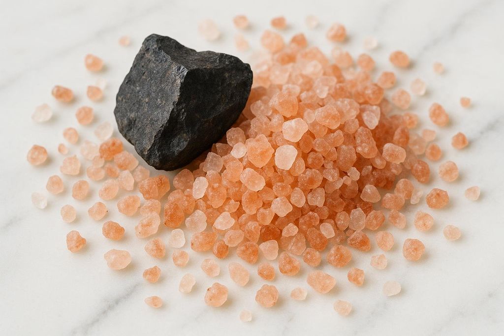 A close-up shot of light pink Himalayan salt crystals scattered across a white marble surface, with a rough, dark gray mineral rock resting on top of a pile of the salt crystals.