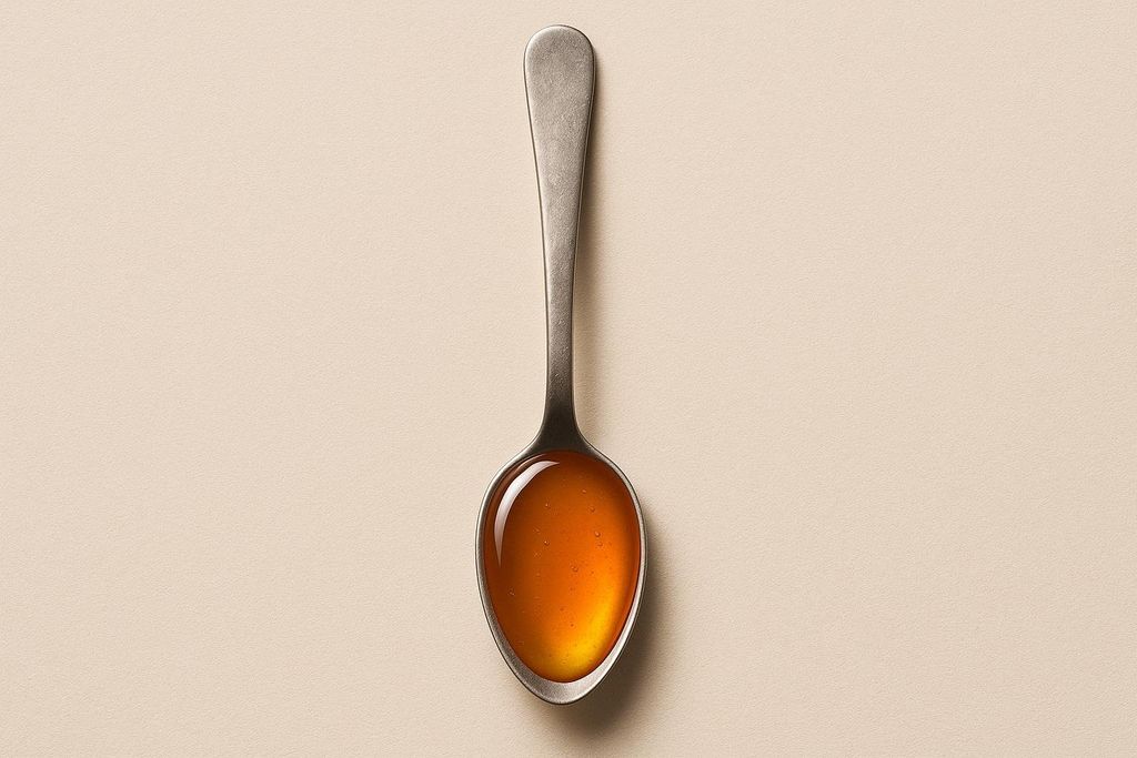 A silver teaspoon filled with amber honey, placed centrally on a plain, light beige surface.