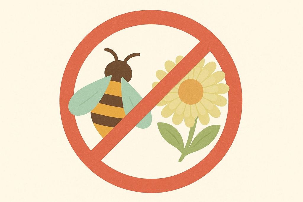 An illustration of a red circle with a diagonal line through it, indicating 'no' or 'prohibited'. Inside the circle are a bee and a yellow flower, suggesting a warning against bees or flowers, possibly related to allergies or restrictions in an area.