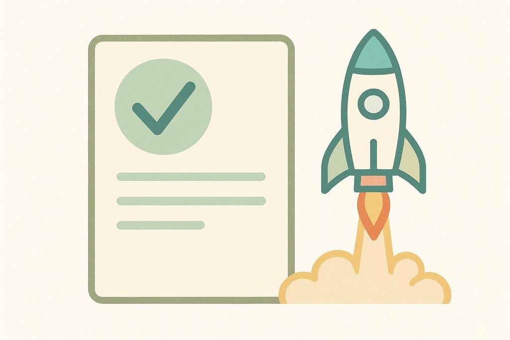 An illustration of a document with a green checkmark, symbolizing approval, next to a launching rocket, conveying concepts like fast approval, quick turnaround, or accelerated processes. The style is simple and clean.