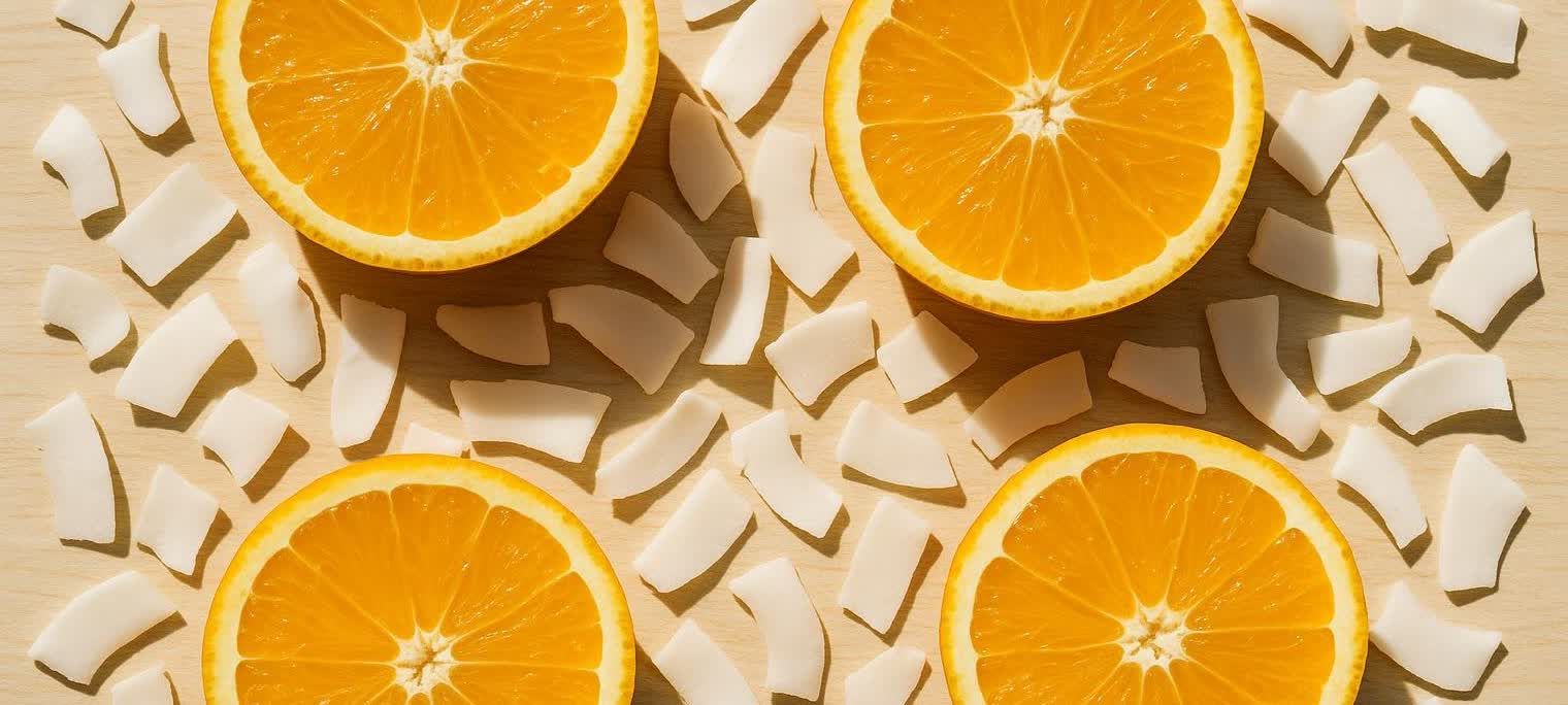 Four orange halves and numerous coconut flakes are scattered across a light-colored wooden cutting board, illuminated by natural sunlight creating distinct shadows.