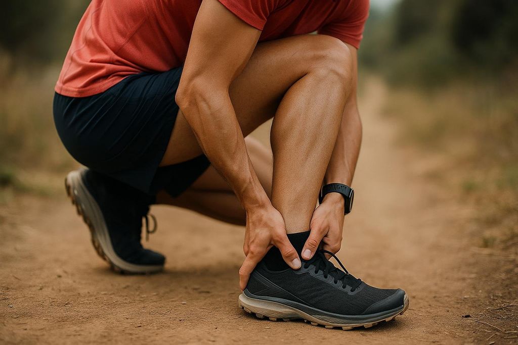 A runner in a red shirt and black shorts is crouched on a dirt trail, holding their heel and ankle, suggesting an injury or discomfort.