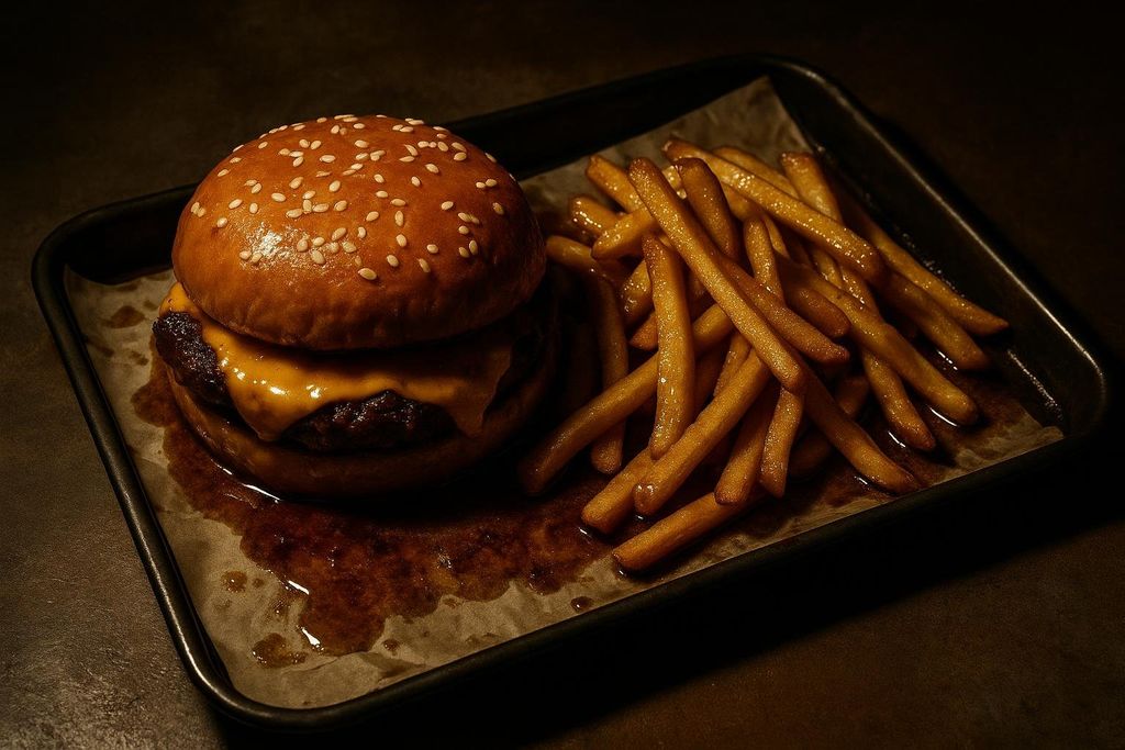 A close-up shot of a greasy cheeseburger with sesame seed bun and a pile of golden-brown french fries, both sitting on parchment paper in a dark metal tray.