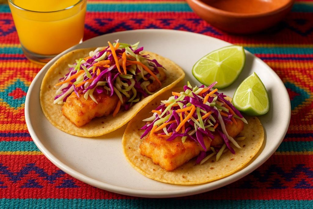 Two crispy fried fish tacos topped with a colorful slaw of green and purple cabbage and shredded carrots, served on a white plate with lime wedges on the side. An orange drink and a patterned tablecloth are in the background.