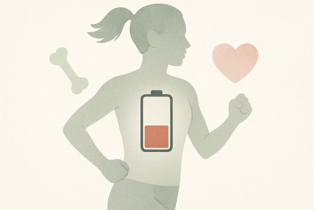 An abstract illustration of a female athlete's silhouette with a low-battery icon in her chest, a bone icon near her left shoulder, and a heart icon near her right shoulder, symbolizing Relative Energy Deficiency in Sport (REDs).