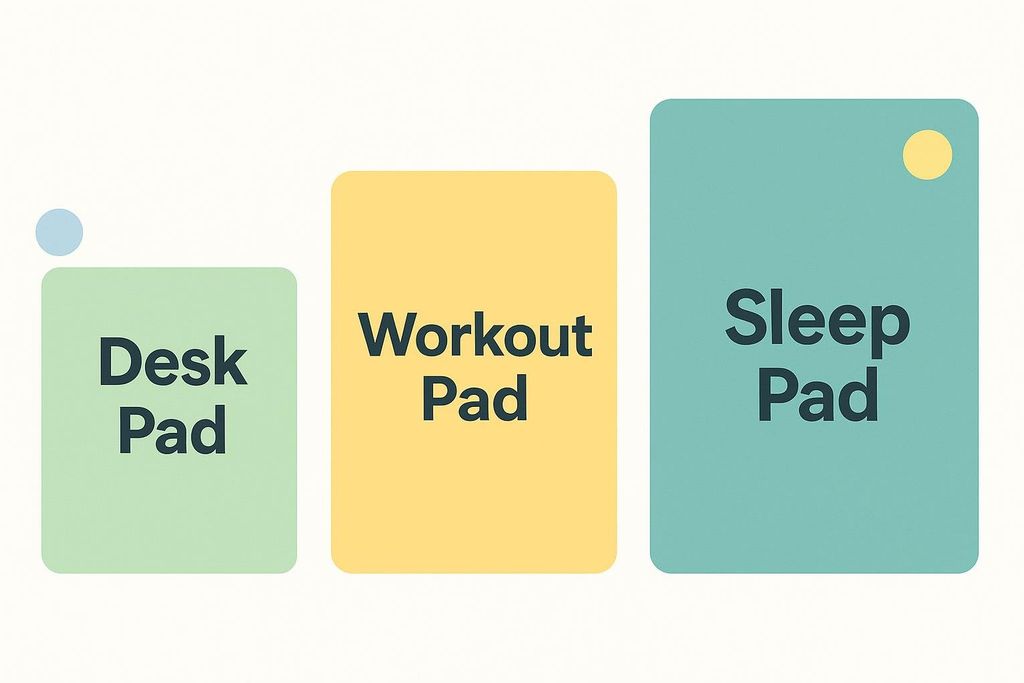 A white background with three rectangles of varying sizes arranged horizontally. From left to right: a light green rectangle labeled 'Desk Pad', a yellow rectangle labeled 'Workout Pad', and a teal rectangle labeled 'Sleep Pad'. Each rectangle represents a product, and their increasing height visually indicates their relative size. There are also two small circles, one light blue above the 'Desk Pad' and one yellow above the 'Sleep Pad'.