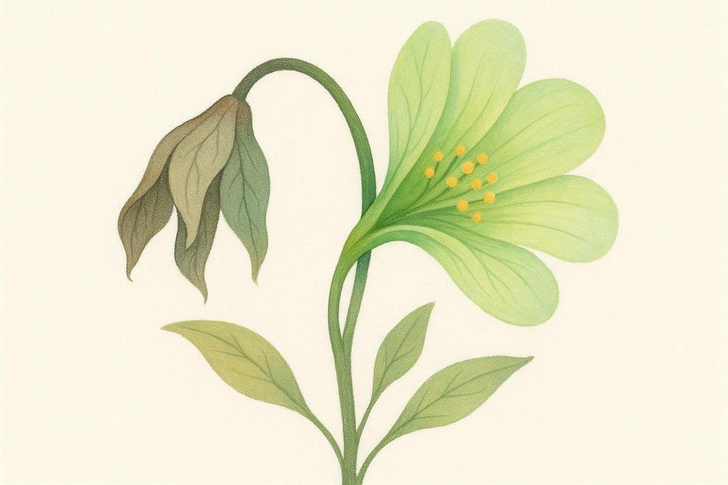 An abstract illustration of a flower with two blooms. One bloom is vibrant green with yellow stamens, standing upright. The other is drooping, with leaves in muted shades of brown and grey, symbolizing physical and hormonal balance.