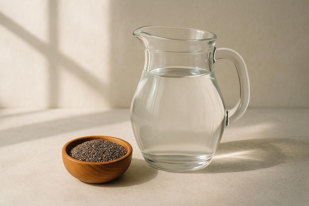 A wooden bowl filled with dry chia seeds next to a clear glass pitcher full of water, set on a light-colored surface with natural light creating shadows.