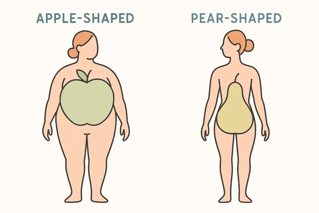 Illustrations showing the difference between 'apple-shaped' and 'pear-shaped' body types, representing where fat is typically stored.