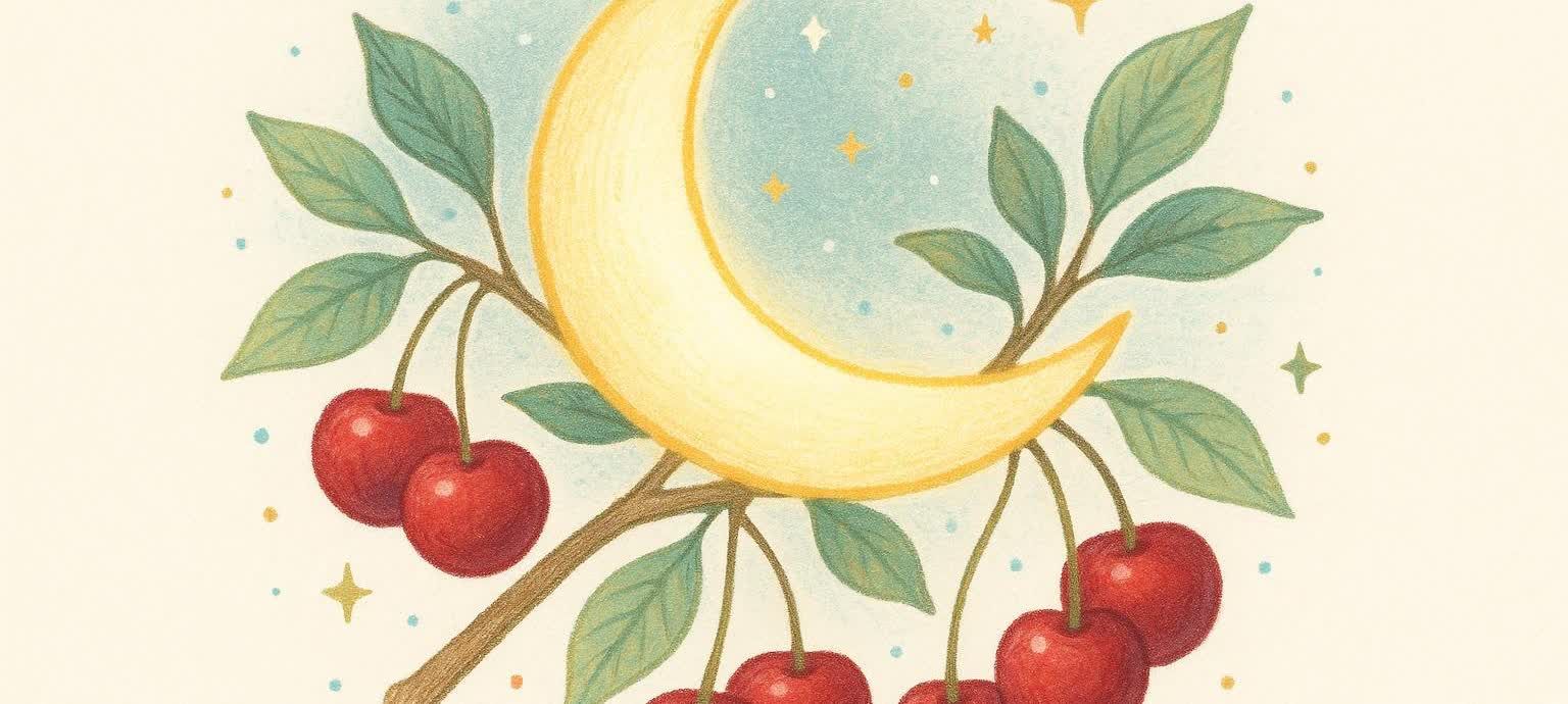 Illustration of a yellow crescent moon nestled on a cherry branch with bright red cherries and green leaves. The background is a soft blue with small stars and dots.