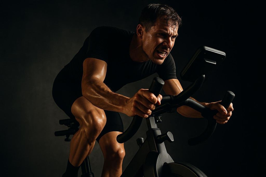 A man with a grimacing expression, sweating profusely, intensely rides an indoor training bike in a dark setting, showcasing extreme effort and endurance.