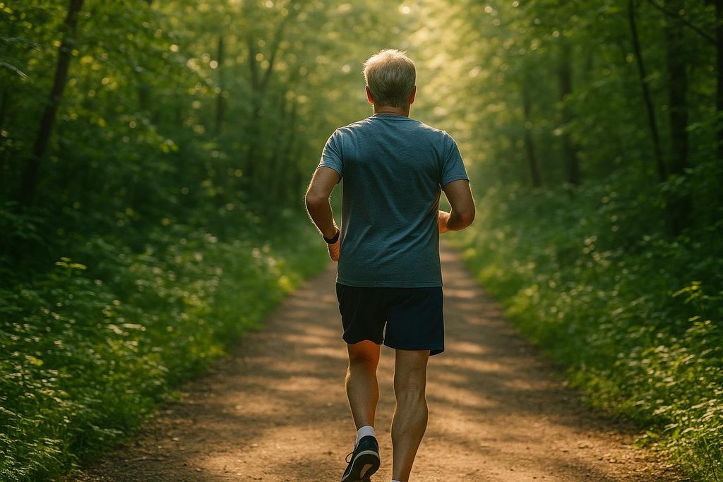 A man with short blonde hair viewed from behind, running on a dirt path through a verdant forest. Sunlight filters through the leaves, illuminating parts of the path and foliage.
