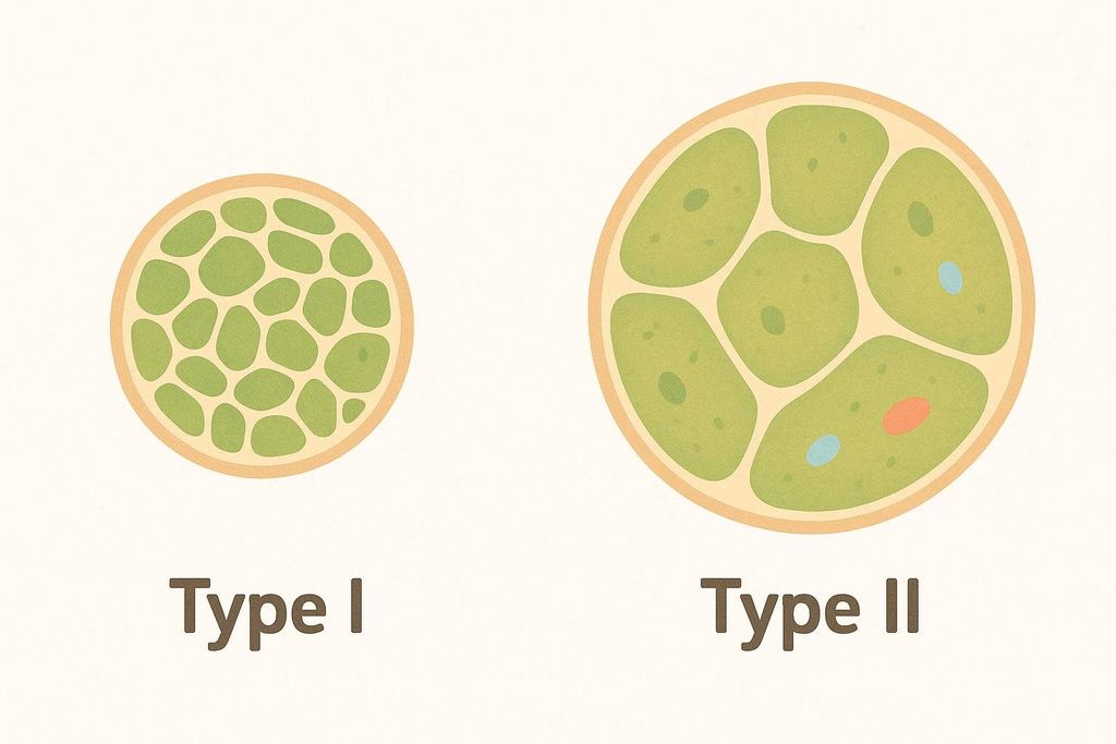 An illustration comparing Type I and Type II muscle fibers. Type I is a smaller, circular cross-section filled with many small, green, irregular shapes. Type II is a larger, circular cross-section filled with fewer, larger, green, irregular shapes, some of which contain small red or blue dots.