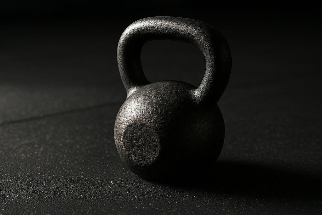 A dark, textured kettlebell sits on a black gym floor, illuminated by dramatic side lighting that highlights its curves and cast iron surface. The background is a soft, dark blur.