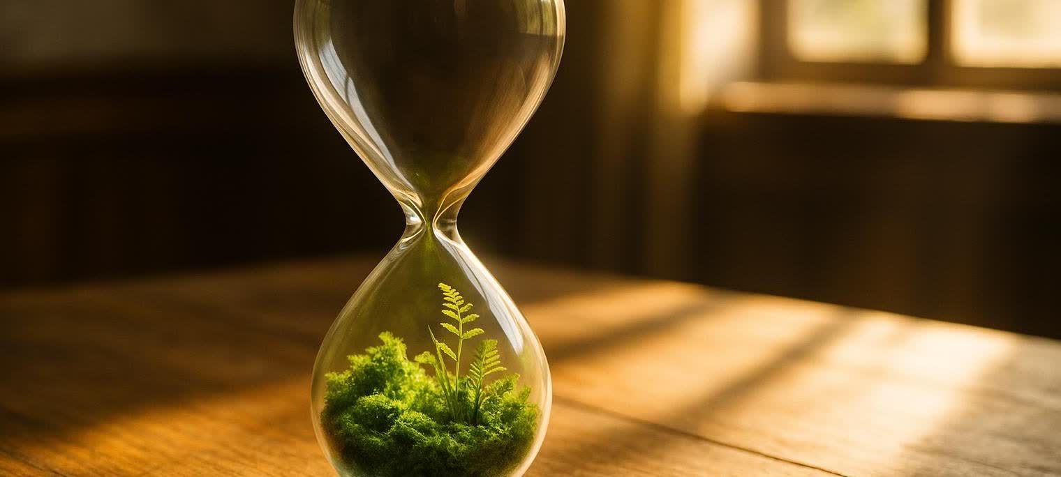 Hourglass with moss and ferns growing inside, representing biological vitality