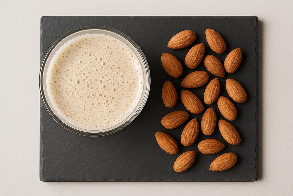 An overhead shot of a glass of frothy protein shake next to a pile of whole almonds, both resting on a dark gray slate board.