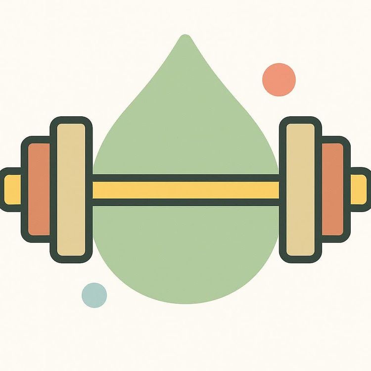 A stylized icon featuring a yellow barbell overlaid on a green water droplet, with small orange and light blue dots in the background. The colors are muted and retro-themed.