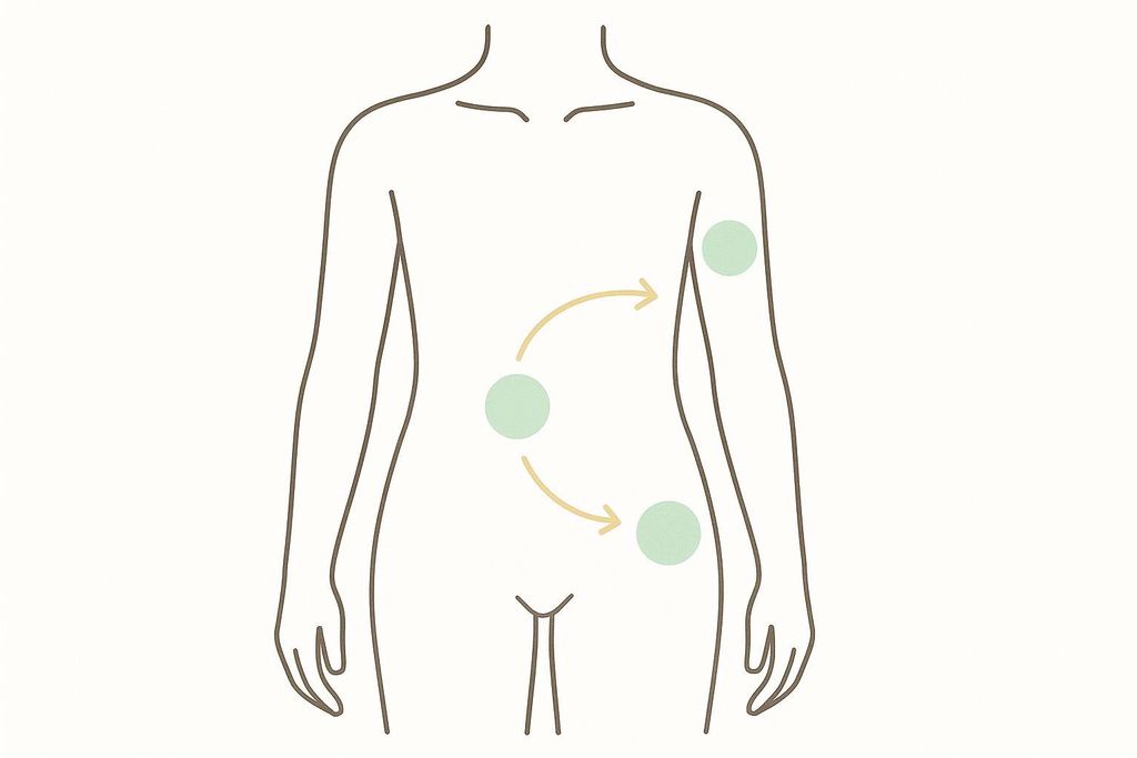 Illustration showing recommended injection sites for Trulicity: abdomen, thigh, and upper arm, indicated by green circles, with yellow arrows showing a recommended rotation pattern.