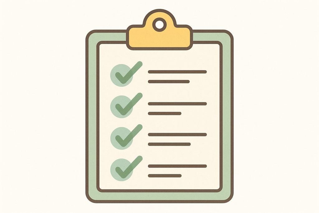 A graphic illustration of a light green clipboard with a yellow clip, holding a white paper with four green checkmarks next to four lines of text, indicating a completed checklist or satisfied requirements.