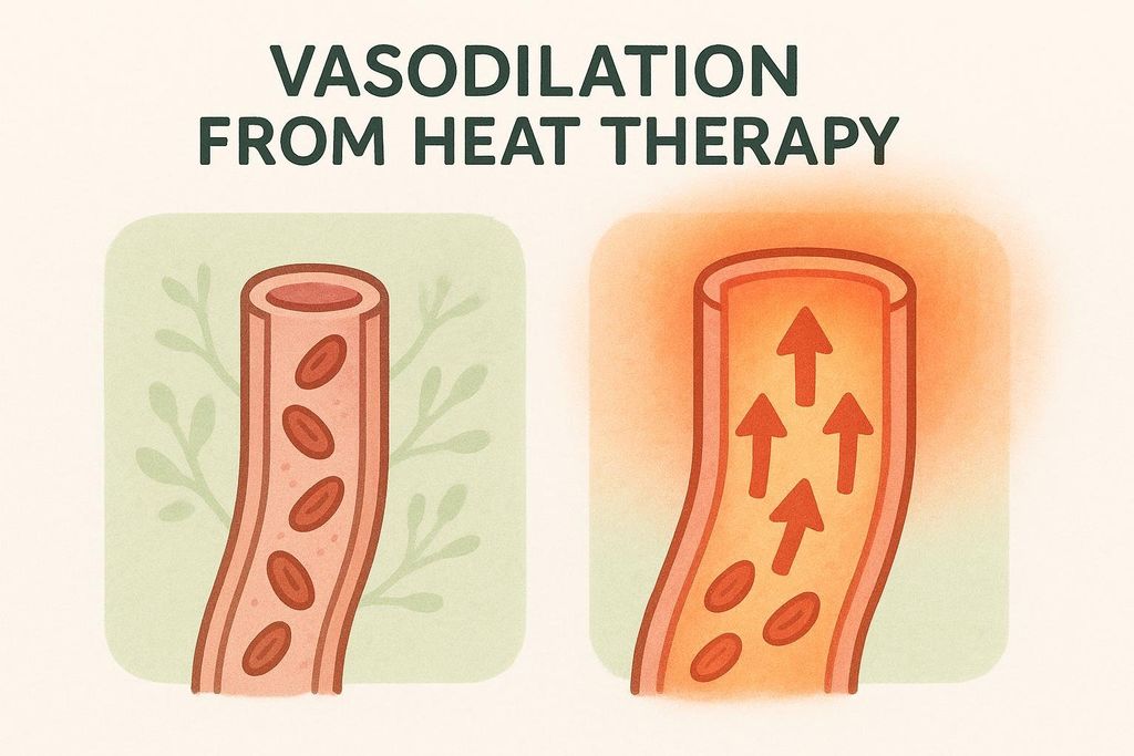 A diagram illustrating vasodilation from heat therapy. On the left, a normal blood vessel shows red blood cells flowing. On the right, the same blood vessel is widened with an orange glow, indicating increased blood flow with arrows, representing vasodilation.