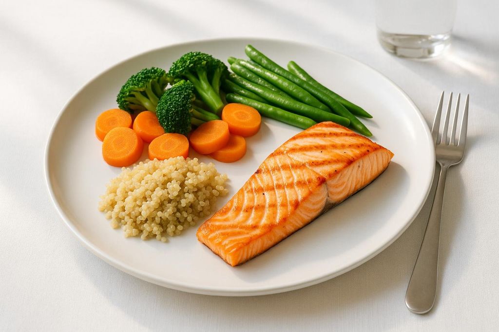 A healthy, moderately portioned meal of salmon, broccoli, carrots, green beans, and couscous representing a calorie deficit.
