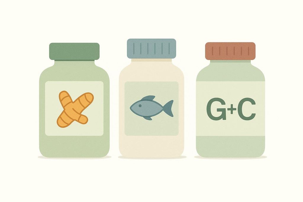 An illustration of three supplement bottles. The first bottle has a label with a ginger root icon. The second bottle has a label with a fish icon, representing omega-3s. The third bottle has a label with the letters 'G+C', likely representing glucosamine and chondroitin.