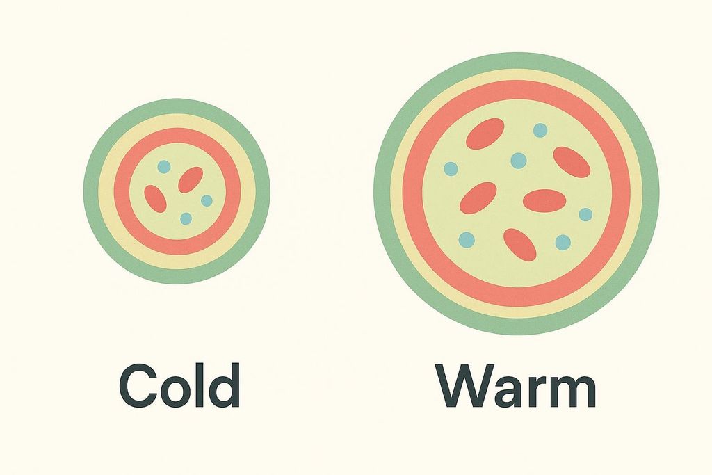 A diagram comparing a constricted 'cold' vessel (smaller with fewer internal elements) on the left, and a dilated 'warm' vessel (larger with more internal elements) on the right, illustrating vasoconstriction and vasodilation.