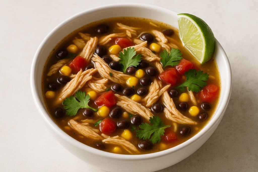 A close-up view of a bowl of chicken tortilla soup. The soup contains shredded chicken, black beans, corn, diced tomatoes, and is garnished with fresh cilantro and a lime wedge on the rim of the bowl.