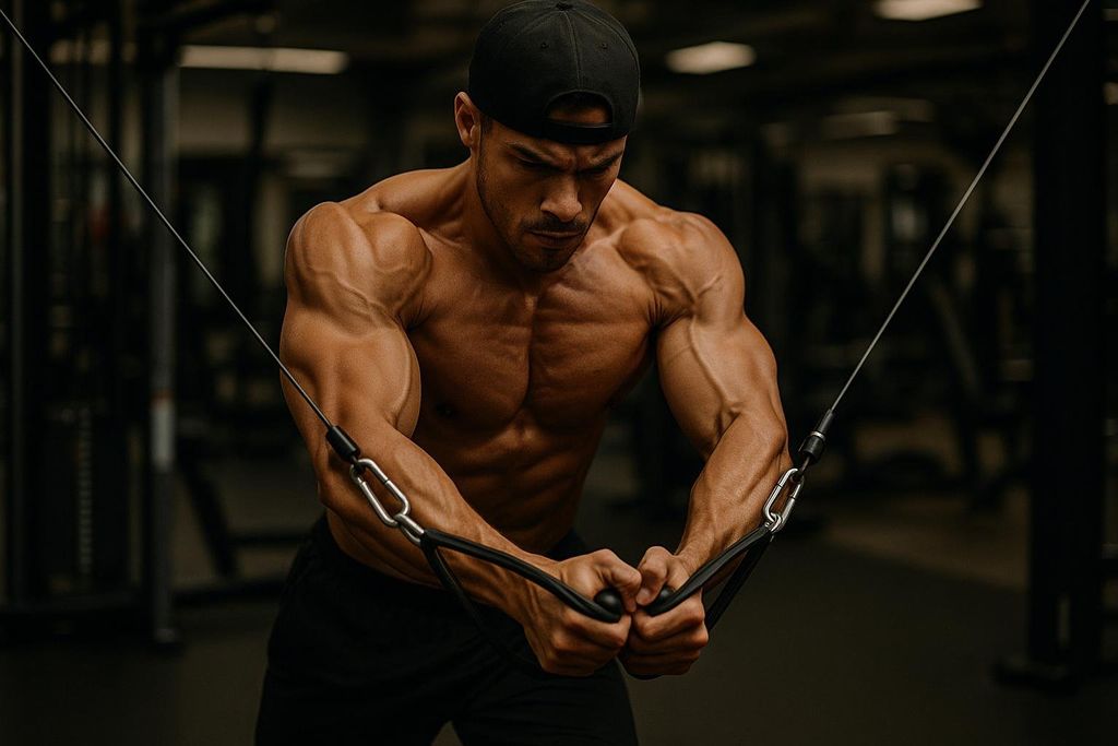 Muscular athlete performing a high-to-low cable crossover in a gym.
