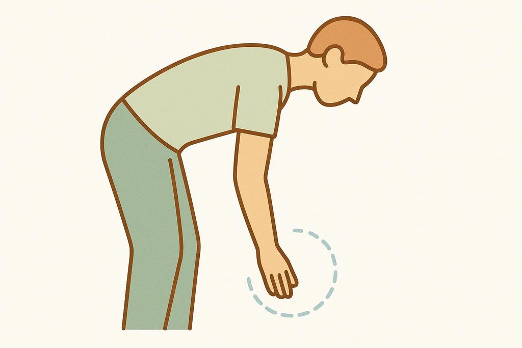 An illustration of a person bent at the waist, with one arm hanging down and rotating in a small circle, demonstrating the pendulum circle warmup exercise for shoulder mobility.