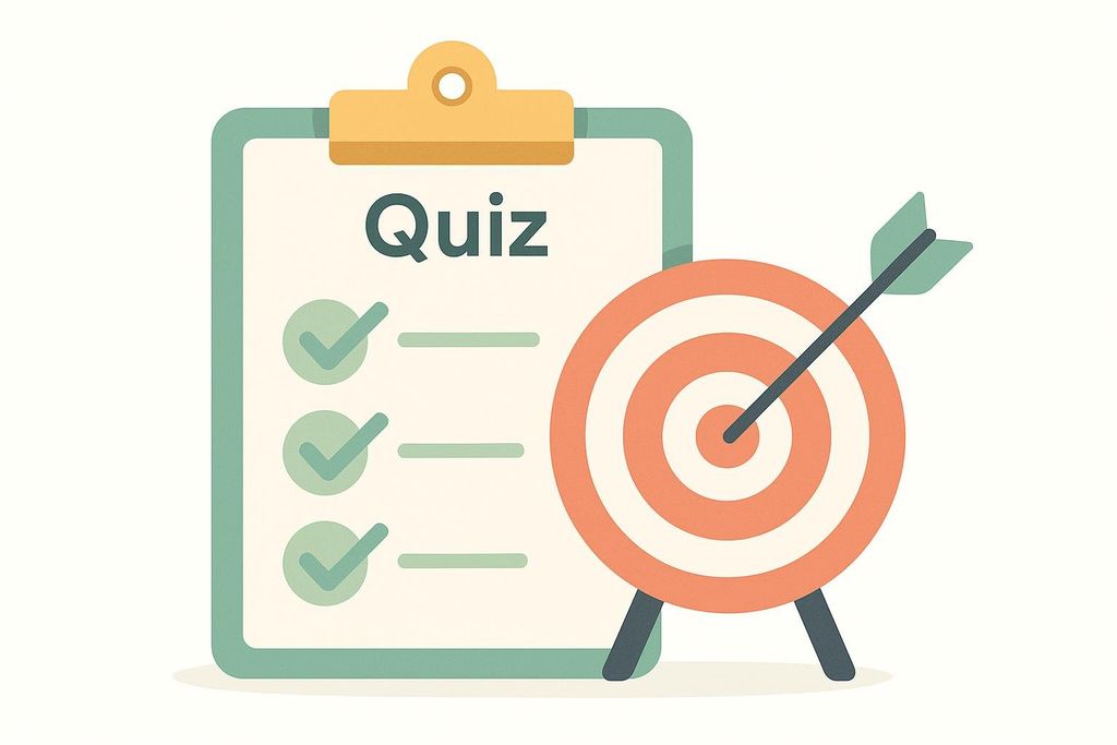 An illustration of a clipboard with 'Quiz' written at the top and three checkmarks next to blank lines. Beside it is a target with an arrow hitting the bullseye.