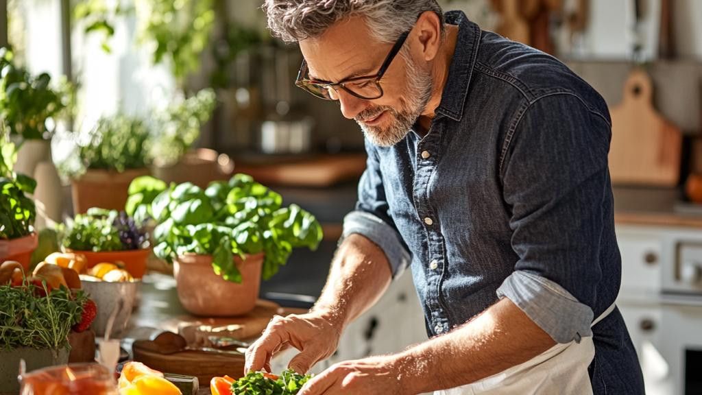 A man with glasses and a denim shirt is cooking in a sunny kitchen, surrounded by potted plants, including herbs like basil.