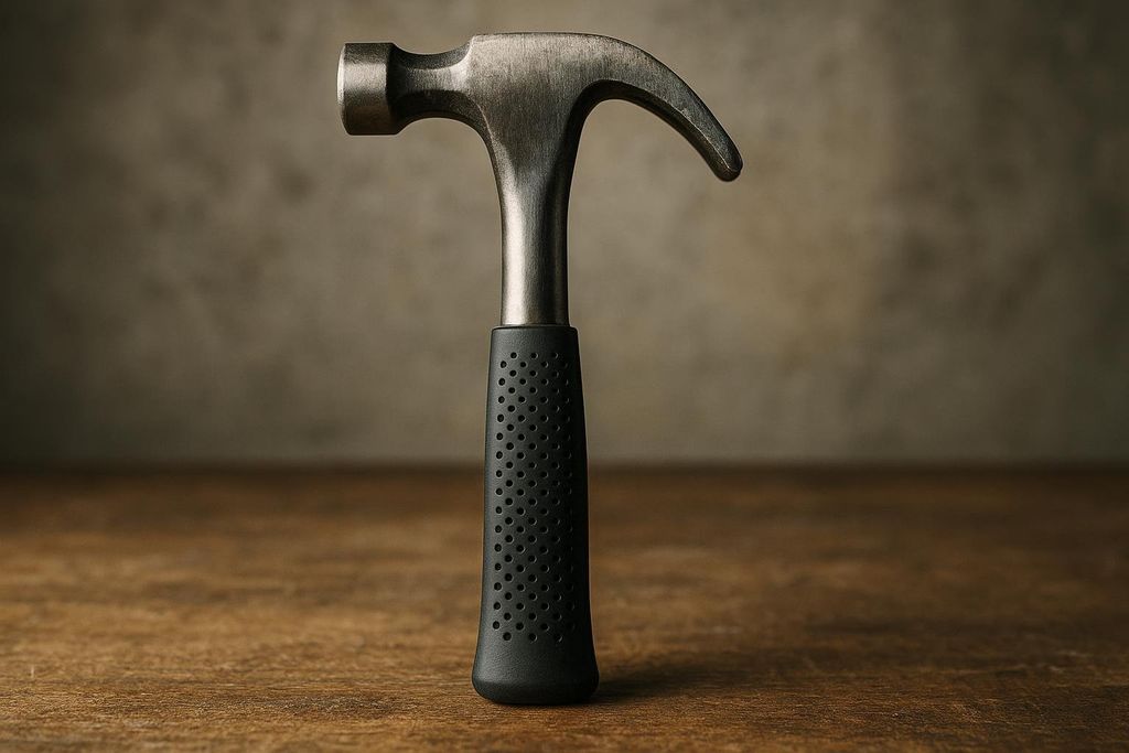 A close-up, eye-level shot of a shiny silver claw hammer with a textured black rubber handle, sitting upright on a dark wooden surface with a blurred gray background.