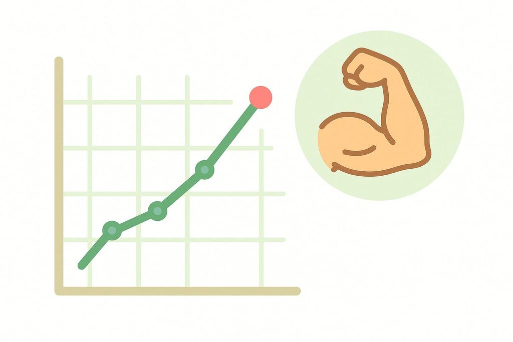 A vector chart with a green line trending upward, next to a flexing bicep icon in a light green circle, symbolizing muscle growth or increasing strength.