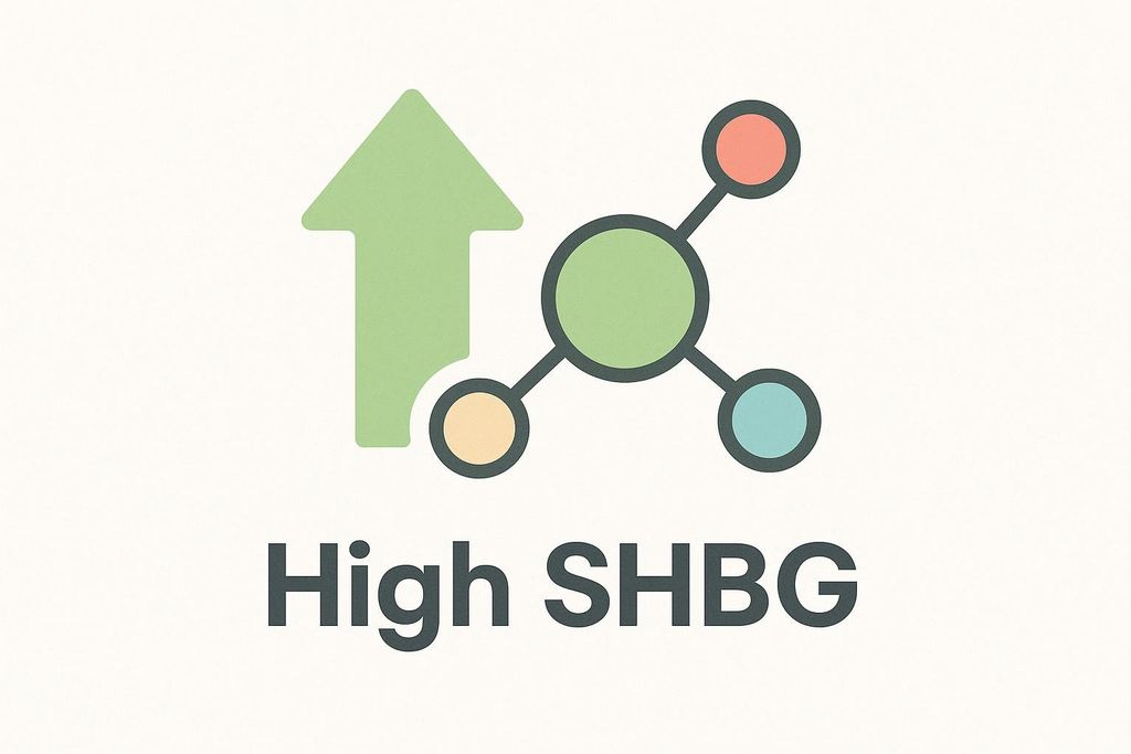 Illustration showing a large green upward-pointing arrow and a molecule structure made of colorful circles, with the text 'High SHBG' below, indicating a high SHBG test result.
