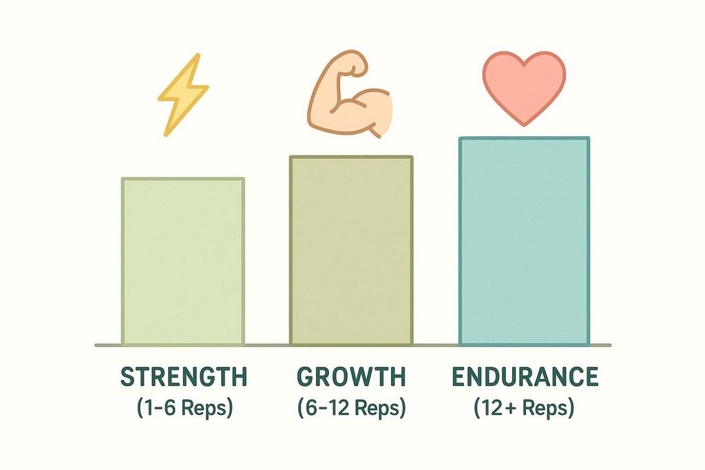 A bar chart illustrating three fitness goals: Strength (1-6 reps) with a lightning bolt icon, Growth (6-12 reps) with a flexed bicep icon, and Endurance (12+ reps) with a heart icon.