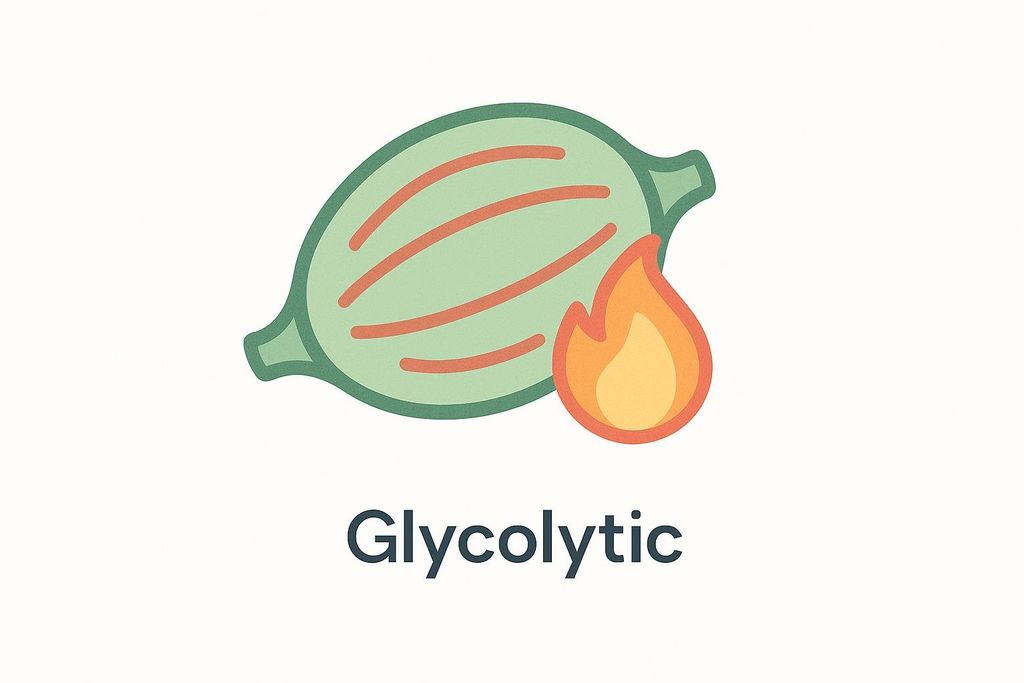 An illustration of the Glycolytic system featuring a green muscle-like shape with orange lines and a small orange and yellow fire next to it. The word 'Glycolytic' is written below the illustration.