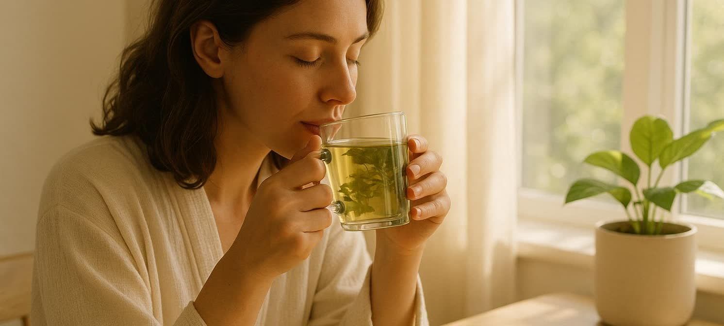 A woman with her eyes closed, drinking a glass of green tea by a sunlit window. A potted plant is visible on the windowsill.